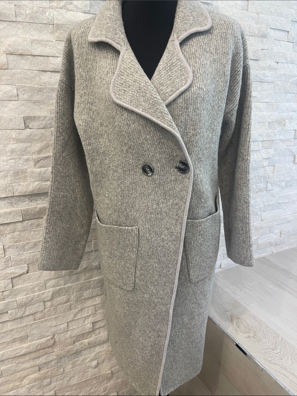 Double-Breasted Gray Knit Pea Coat